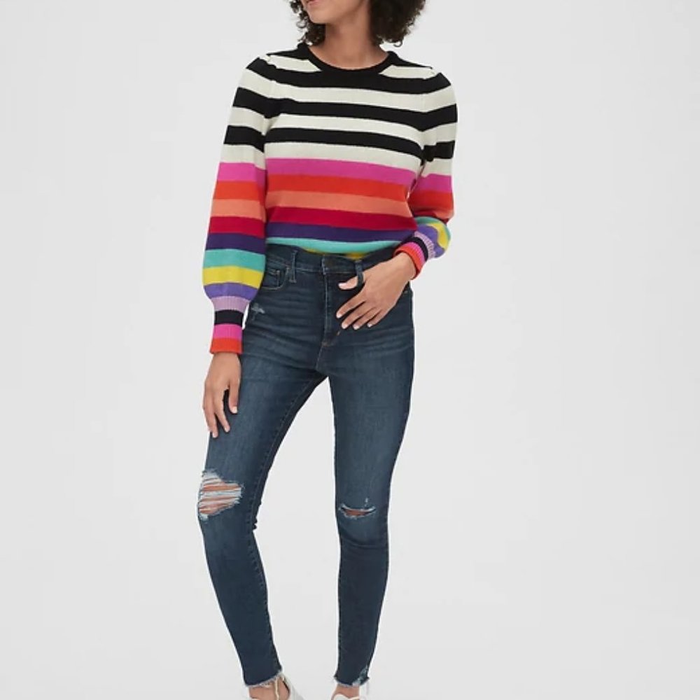 Gap Rainbow Striped Puff Sleeve Sweater